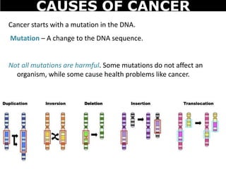 Cancer starts with a mutation in the DNA.
Mutation – A change to the DNA sequence.
Not all mutations are harmful. Some mutations do not affect an
organism, while some cause health problems like cancer.
CAUSES OF CANCER
 