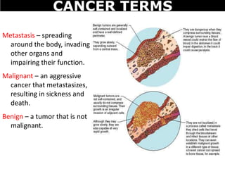 Metastasis – spreading
around the body, invading
other organs and
impairing their function.
Malignant – an aggressive
cancer that metastasizes,
resulting in sickness and
death.
Benign – a tumor that is not
malignant.
CANCER TERMS
 