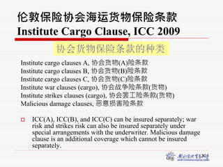 30
伦敦保险协会海运货物保险条款
Institute Cargo Clause, ICC 2009
Institute cargo clauses A, 协会货物(A)险条款
Institute cargo clauses B, 协会货物(B)险条款
Institute cargo clauses C, 协会货物(C)险条款
Institute war clauses (cargo), 协会战争险条款(货物)
Institute strikes clauses (cargo), 协会罢工险条款(货物)
Malicious damage clauses, 恶意损害险条款
 ICC(A), ICC(B), and ICC(C) can be insured separately; war
risk and strikes risk can also be insured separately under
special arrangements with the underwriter. Malicious damage
clause is an additional coverage which cannot be insured
separately.
协会货物保险条款的种类
 