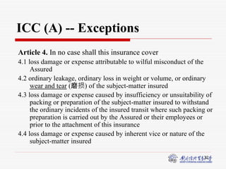 32
ICC (A) -- Exceptions
Article 4. In no case shall this insurance cover
4.1 loss damage or expense attributable to wilful misconduct of the
Assured
4.2 ordinary leakage, ordinary loss in weight or volume, or ordinary
wear and tear (磨损) of the subject-matter insured
4.3 loss damage or expense caused by insufficiency or unsuitability of
packing or preparation of the subject-matter insured to withstand
the ordinary incidents of the insured transit where such packing or
preparation is carried out by the Assured or their employees or
prior to the attachment of this insurance
4.4 loss damage or expense caused by inherent vice or nature of the
subject-matter insured
 
