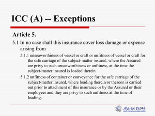 34
Article 5.
5.1 In no case shall this insurance cover loss damage or expense
arising from
5.1.1 unseaworthiness of vessel or craft or unfitness of vessel or craft for
the safe carriage of the subject-matter insured, where the Assured
are privy to such unseaworthiness or unfitness, at the time the
subject-matter insured is loaded therein
5.1.2 unfitness of container or conveyance for the safe carriage of the
subject-matter insured, where loading therein or thereon is carried
out prior to attachment of this insurance or by the Assured or their
employees and they are privy to such unfitness at the time of
loading.
ICC (A) -- Exceptions
 