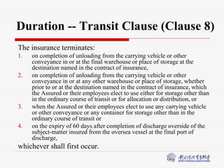 41
Duration -- Transit Clause (Clause 8)
The insurance terminates:
1. on completion of unloading from the carrying vehicle or other
conveyance in or at the final warehouse or place of storage at the
destination named in the contract of insurance,
2. on completion of unloading from the carrying vehicle or other
conveyance in or at any other warehouse or place of storage, whether
prior to or at the destination named in the contract of insurance, which
the Assured or their employees elect to use either for storage other than
in the ordinary course of transit or for allocation or distribution, or
3. when the Assured or their employees elect to use any carrying vehicle
or other conveyance or any container for storage other than in the
ordinary course of transit or
4. on the expiry of 60 days after completion of discharge overside of the
subject-matter insured from the oversea vessel at the final port of
discharge,
whichever shall first occur.
 