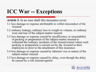 45
ICC War -- Exceptions
Article 3. In no case shall this insurance cover
3.1 loss damage or expense attributable to wilful misconduct of the
Assured
3.2 ordinary leakage, ordinary loss in weight or volume, or ordinary
wear and tear of the subject-matter insured
3.3 loss damage or expense caused by insufficiency or unsuitability
of packing or preparation of the subject-matter insured to
withstand the ordinary incidents of the insured transit where such
packing or preparation is carried out by the Assured or their
employees or prior to the attachment of this insurance
3.4 loss damage or expense caused by inherent vice or nature of the
subject-matter insured
3.5 loss damage or expense caused by delay, even though the delay
be caused by a risk insured against
 