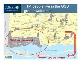 ˜ 1M people live in the GSB
groundwatershed

SWSD has ocean outfall

20% GW to Ocean

 