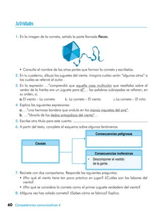 60 Competencias comunicativas 4
1.	En la imagen de la cometa, señala la parte llamada flecos.
•	Consulta el nombre de las otras partes que forman la cometa y escríbelos.
2.	En tu cuaderno, dibuja los juguetes del viento. Imagina cuáles serán “algunos otros” a
los cuales se referirá el autor.
3.	En la expresión …”comprendió que aquella cosa multicolor que resaltaba sobre el
verdor de la hierba era un juguete para él”… las palabras subrayadas se refieren, en
su orden, a:
a.	El viento – La cometa 	 b. La cometa – El viento	 c.La cometa – El niño
4.	Explica las siguientes expresiones:
a.	…”una hermosa bandera que ondula en las manos inquietas del aire”.
b.	…”librarla de los dedos antojadizos del viento”…
5.	Escribe otro título para este cuento:
6.	A partir del texto, completa el esquema sobre algunos fenómenos.
7.	Reúnete con dos compañeros. Responde las siguientes preguntas:
•	¿Por qué el viento tiene tan poca práctica en jugar? ¿Cuáles son las labores del
viento?
•	¿Por qué se considera la cometa como el primer juguete verdadero del viento?
8.	¿Alguna vez has volado cometa? ¿Sabes cómo se fabrica? Explica.
Causas
Consecuencias peligrosas
Consecuencias inofensivas
•	 Descomponer el vestido
de la gente.

 