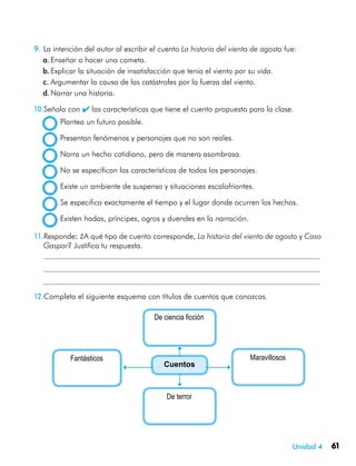 Unidad 4 61
9.	La intención del autor al escribir el cuento La historia del viento de agosto fue:
a.	Enseñar a hacer una cometa.
b.	Explicar la situación de insatisfacción que tenía el viento por su vida.
c.	Argumentar la causa de las catástrofes por la fuerza del viento.
d.	Narrar una historia.
10.Señala con  las características que tiene el cuento propuesto para la clase.
	 Plantea un futuro posible.
	 Presentan fenómenos y personajes que no son reales.
	 Narra un hecho cotidiano, pero de manera asombrosa.
	 No se especifican las características de todos los personajes.
	 Existe un ambiente de suspenso y situaciones escalofriantes.
	 Se especifica exactamente el tiempo y el lugar donde ocurren los hechos.
	 Existen hadas, príncipes, ogros y duendes en la narración.
11.Responde: ¿A qué tipo de cuento corresponde, La historia del viento de agosto y Caso
Gaspar? Justifica tu respuesta.
	
	
	
12.Completa el siguiente esquema con títulos de cuentos que conozcas.
De ciencia ficción
Cuentos
Fantásticos Maravillosos
De terror
 