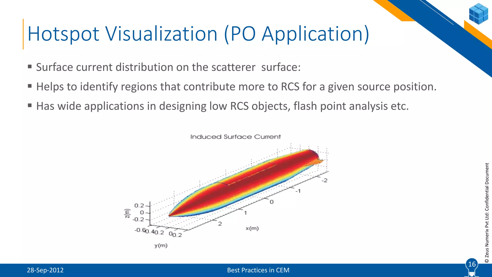 16
©ZeusNumerixPvtLtd:ConfidentialDocument
Hotspot Visualization (PO Application)
28-Sep-2012 Best Practices in CEM
 Surface current distribution on the scatterer surface:
 Helps to identify regions that contribute more to RCS for a given source position.
 Has wide applications in designing low RCS objects, flash point analysis etc.
16
 