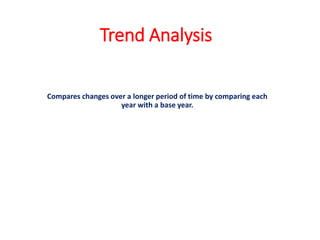 Trend Analysis
Compares changes over a longer period of time by comparing each
year with a base year.
 