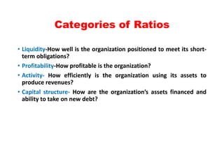 Categories of Ratios
• Liquidity-How well is the organization positioned to meet its short-
term obligations?
• Profitability-How profitable is the organization?
• Activity- How efficiently is the organization using its assets to
produce revenues?
• Capital structure- How are the organization’s assets financed and
ability to take on new debt?
 