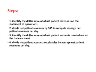 Steps:
• 1. identify the dollar amount of net patient revenues on the
statement of operations
• 2. divide net patient revenues by 365 to compute average net
patient revenues per day
• 3. identify the dollar amount of net patient accounts receivables on
the balance sheet
• 4. divide net patient accounts receivables by average net patient
revenues per day.
 