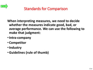 Standards for Comparison
When interpreting measures, we need to decide
whether the measures indicate good, bad, or
average performance. We can use the following to
make that judgment:
•Intra-company
•Competitor
•Industry
•Guidelines (rule of thumb)
C 2
13-4
 