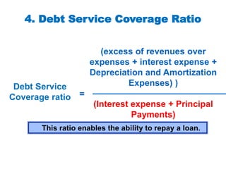 4. Debt Service Coverage Ratio
(excess of revenues over
expenses + interest expense +
Depreciation and Amortization
Expenses) )
(Interest expense + Principal
Payments)
Debt Service
Coverage ratio =
This ratio enables the ability to repay a loan.
 