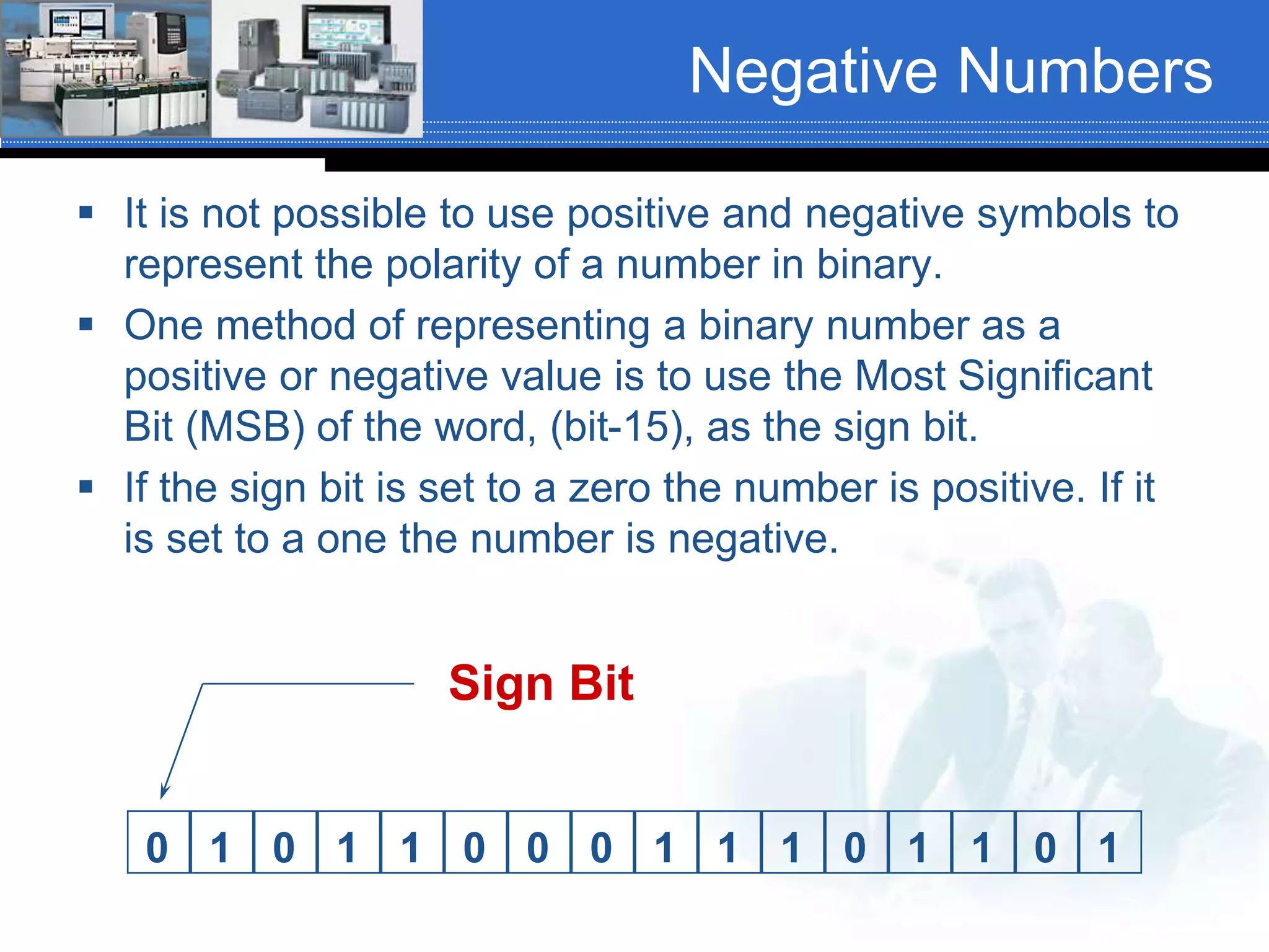 Negative Numbers
 It is not possible to use positive and negative symbols to
represent the polarity of a number in binary.
 One method of representing a binary number as a
positive or negative value is to use the Most Significant
Bit (MSB) of the word, (bit-15), as the sign bit.
 If the sign bit is set to a zero the number is positive. If it
is set to a one the number is negative.
1 1 1 0 1 1 0 10 1 0 1 1 0 0 0
Sign Bit
 