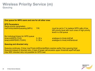 29 © Nokia Siemens Networks 
One queue for WPS users and one for all other ones 
BTS Parameters 
Same priority parameters 
msPriorityUsedInQueueing (MPU) Y/N must be set to Y to replace WPS calls of low MS priority level with such ones of high priority level in a full queue 
But individual timers for WPS queue 
timeLimitWPS (TLW) 0..30 s analogue to timeLimitCall 
timeLimitWPSHO (TLWH) 0..30 s analogue to timeLimitHandover 
Queuing and directed retry 
Queuing continues, if timer maxTimeLimitDirectedRetry expires earlier than queuing timer 
Queuing instead of directed retry, if load of target cell exceeds upper threshold wpsPrefCapa 
Inter BSC directed retry not possible for WPS user 
Wireless Priority Service (m) Queuing 