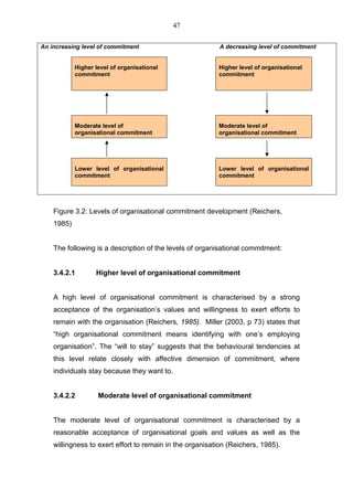 47

An increasing level of commitment                         A decreasing level of commitment


            Higher level of organisational                Higher level of organisational
            commitment                                    commitment




            Moderate level of                             Moderate level of
            organisational commitment                     organisational commitment




            Lower level of organisational                 Lower level of organisational
            commitment                                    commitment




    Figure 3.2: Levels of organisational commitment development (Reichers,
    1985)


    The following is a description of the levels of organisational commitment:


    3.4.2.1        Higher level of organisational commitment


    A high level of organisational commitment is characterised by a strong
    acceptance of the organisation’s values and willingness to exert efforts to
    remain with the organisation (Reichers, 1985). Miller (2003, p 73) states that
    “high organisational commitment means identifying with one’s employing
    organisation”. The “will to stay” suggests that the behavioural tendencies at
    this level relate closely with affective dimension of commitment, where
    individuals stay because they want to.


    3.4.2.2         Moderate level of organisational commitment


    The moderate level of organisational commitment is characterised by a
    reasonable acceptance of organisational goals and values as well as the
    willingness to exert effort to remain in the organisation (Reichers, 1985).
 