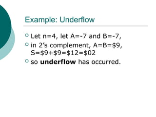 Example: Underflow
 Let n=4, let A=-7 and B=-7,
 in 2’s complement, A=B=$9,
S=$9+$9=$12=$02
 so underflow has occurred.
 