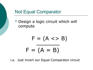 Not Equal Comparator
 Design a logic circuit which will
compute
F = (A <> B)
F = (A = B)
i.e. Just invert our Equal Comparator circuit
 