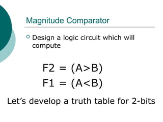 Magnitude Comparator
 Design a logic circuit which will
compute
F2 = (A>B)
F1 = (A<B)
Let’s develop a truth table for 2-bits
 