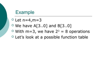 Example
 Let n=4,m=3
 We have A[3..0] and B[3..0]
 With m=3, we have 23
= 8 operations
 Let’s look at a possible function table
 
