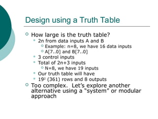 Design using a Truth Table
 How large is the truth table?
 2n from data inputs A and B
 Example: n=8, we have 16 data inputs
 A[7..0] and B[7..0]
 3 control inputs
 Total of 2n+3 inputs
 N=8, we have 19 inputs
 Our truth table will have
 192
(361) rows and 8 outputs
 Too complex. Let’s explore another
alternative using a “system” or modular
approach
 