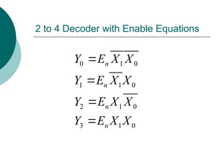 2 to 4 Decoder with Enable Equations
0 1 0
1 1 0
2 1 0
3 1 0
n
n
n
n
Y E X X
Y E X X
Y E X X
Y E X X




 