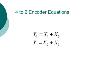 4 to 2 Encoder Equations
0 1 3
1 2 3
Y X X
Y X X
 
 
 