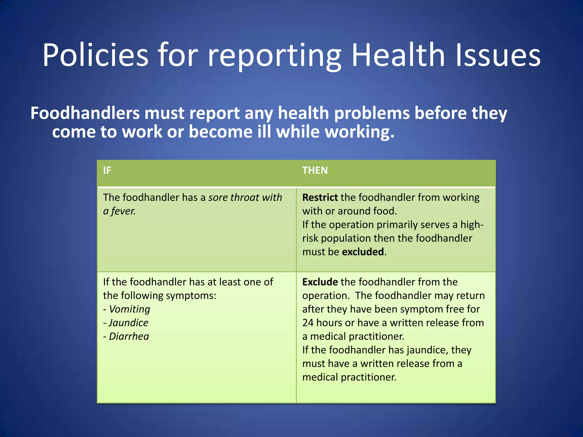 Policies for reporting Health Issues
Foodhandlers must report any health problems before they
  come to work or become ill while working.
        IF                                       THEN

        The foodhandler has a sore throat with   Restrict the foodhandler from working
        a fever.                                 with or around food.
                                                 If the operation primarily serves a high-
                                                 risk population then the foodhandler
                                                 must be excluded.

        If the foodhandler has at least one of   Exclude the foodhandler from the
        the following symptoms:                  operation. The foodhandler may return
        - Vomiting                               after they have been symptom free for
        - Jaundice                               24 hours or have a written release from
        - Diarrhea                               a medical practitioner.
                                                 If the foodhandler has jaundice, they
                                                 must have a written release from a
                                                 medical practitioner.
 