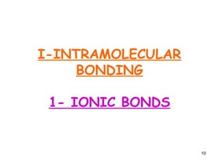 10
I-INTRAMOLECULAR
BONDING
1- IONIC BONDS
 