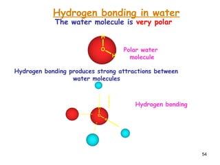 54
Polar water
molecule
Hydrogen bonding
Hydrogen bonding produces strong attractions between
water molecules
H
O
H
H
O
H
Hydrogen bonding in water
The water molecule is very polar
 