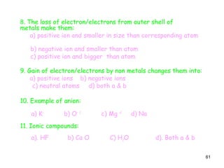 61
8. The loss of electron/electrons from outer shell of
metals make them:
a) positive ion and smaller in size than corresponding atom
b) negative ion and smaller than atom
c) positive ion and bigger than atom
9. Gain of electron/electrons by non metals changes them into:
a) positive ions b) negative ions
c) neutral atoms d) both a & b
10. Example of anion:
a) K+
b) O- 2
c) Mg +2
d) Na
11. Ionic compounds:
a). HF b) Ca O C) H2O d). Both a & b
 