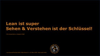 ChristianeAmini,Inhaberin IQM
Lean ist super
Sehen & Verstehen ist der Schlüssel!
LeanAroundTheClock 2019 – Mannheim 21. + 22. März 2019 – Maimarkt-Halle
 