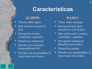 Características ÁCIDOS : Tienen sabor agrio. Son corrosivos para la piel. Enrojecen ciertos colorantes vegetales. Disuelven sustancias Atacan a los metales desprendiendo H 2 . Pierden sus propiedades al reaccionar con bases. BASES : Tiene sabor amargo. Suaves al tacto pero corrosivos con la piel. Dan color azul a ciertos colorantes vegetales. Precipitan sustancias disueltas por ácidos. Disuelven grasas. Pierden sus propiedades al reaccionar con ácidos. 