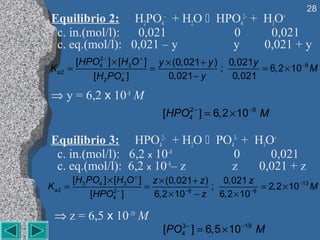 28
Equilibrio 2: H2PO4– + H2O  HPO42– + H3O+
 c. in.(mol/l): 0,021          0       0,021
 c. eq.(mol/l): 0,021 – y      y      0,021 + y
        [HPO4 − ] × [H3O + ] y × (0,021 + y ) 0,021y
             2
Ka2   =              −
                            =                ;       = 6,2 × 10−8 M
           [H2 PO4 ]            0,021 − y      0,021

⇒ y = 6,2 x 10–8 M
                                [HPO4 − ] = 6,2 × 10 −8 M
                                    2




Equilibrio 3: HPO42– + H2O  PO43– + H3O+
 c. in.(mol/l): 6,2 x 10–8      0       0,021
 c. eq.(mol/l): 6,2 x 10–8– z  z      0,021 + z
        [H3 PO4 ] × [H3O + ] z × (0,021 + z )   0,021 z
Ka2   =                     =                 ;           = 2,2 × 10 −13 M
             [HPO4 − ]
                    2
                              6,2 × 10 −8 − z 6,2 × 10 −8

 ⇒ z = 6,5 x 10–19 M
                                [PO4 − ] = 6,5 × 10 −19 M
                                   3
 