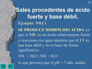 43


Sales procedentes de ácido
    fuerte y base débil.
Ejemplo: NH4Cl
SE PRODUCE HIDRÓLISIS ÁCIDA ya
que el NH4+ es un ácido relativamente fuerte
y reacciona con agua mientras que el Cl– es
una base débil y no lo hace de forma
significativa:
NH4+ + H2O  NH3 + H3O+
lo que provoca que el pH < 7 (dis. ácida).
 
