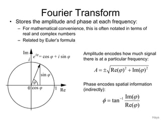 Fourier Transform
• Stores the amplitude and phase at each frequency:
– For mathematical convenience, this is often notated in terms of
real and complex numbers
– Related by Euler’s formula
22
)Im()Re(  A
)Re(
)Im(
tan 1


 

Hays
Phase encodes spatial information
(indirectly):
Amplitude encodes how much signal
there is at a particular frequency:
 
