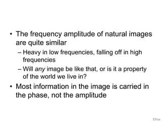 • The frequency amplitude of natural images
are quite similar
– Heavy in low frequencies, falling off in high
frequencies
– Will any image be like that, or is it a property
of the world we live in?
• Most information in the image is carried in
the phase, not the amplitude
Efros
 
