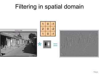 Filtering in spatial domain
-101
-202
-101
* =
Hays
 