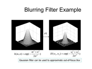Blurring Filter Example
)
2
exp(),( 2
2
2
2
1
21

ww
wwH

)
2
exp(),( 2
22

nm
nmh


FT
Gaussian filter can be used to approximate out-of-focus blur
 