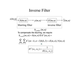 Inverse Filter
h(m,n)
blurring filter
hI(m,n)
x(m,n)
y(m,n)
inverse filter
 






k l
I
I
combi
nmnmlkhlnkmh
nmhnmhnmh
),(),,(),(),(
),(),(),(

),(
1
),(
21
21
wwH
wwH I

To compensate the blurring, we require
hcombi (m,n)
x(m,n)^
 