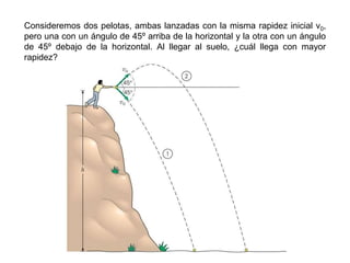 Consideremos dos pelotas, ambas lanzadas con la misma rapidez inicial v0,
pero una con un ángulo de 45º arriba de la horizontal y la otra con un ángulo
de 45º debajo de la horizontal. Al llegar al suelo, ¿cuál llega con mayor
rapidez?
 