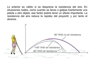 Lo anterior es válido si se desprecia la resistencia del aire. En
situaciones reales, como cuando se lanza o golpea fuertemente una
pelota u otro objeto, ese factor podría tener un efecto importante. La
resistencia del aire reduce la rapidez del proyectil, y por tanto el
alcance.
 