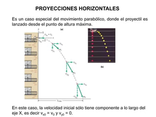 PROYECCIONES HORIZONTALES
Es un caso especial del movimiento parabólico, donde el proyectil es
lanzado desde el punto de altura máxima.
En este caso, la velocidad inicial sólo tiene componente a lo largo del
eje X, es decir vx0 = v0 y vy0 = 0.
 