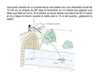 Una joven parada en un puente lanza una piedra con una velocidad inicial de
12 m/s en un ángulo de 45º bajo la horizontal, en un intento por golpear una
tabla que flota en el río. Si la piedra se lanza desde una altura de 20 m sobre
el río y llega al mismo cuando la tabla está a 13 m del puente, ¿golpeará la
tabla?
 