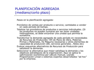 PLANIFICACIÓN AGREGADA
(mediano/corto plazo)
Pasos en la planificación agregada:
Pronóstico de ventas por producto o servicio; cantidades a vender
en cada período de tiempo.
Totalizar los pronósticos de productos o servicios individuales. (Si
los productos no pueden sumarse por ser tener unidades
heterogéneas, se debe encontrar una unidad que permita la
sumatoria.
Transformar la demanda agregada de cada período en necesidades
de Recursos de Producción: HH de Mano de Obra, Materias
Primas y Materiales, Hs Máquina necesarias y otros elementos de
capacidad de producción (EE, servicios generales , fletes etc)
Evaluar esquemas alternativos de Recursos de Producción para
satisfacer la demanda.
Seleccionar la alternativa que mejor satisfaga la demanda y los
objetivos estratégicos de la organización. Aquí se aplica la
optimización económica por cálculo manual, usando
Programación Lineal o sistemas expertos desarrollados “ad hoc”
por la empresa.
 