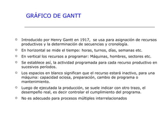 GRÁFICO DE GANTT
 Introducido por Henry Gantt en 1917, se usa para asignación de recursos
productivos y la determinación de secuencias y cronología.
 En horizontal se mide el tiempo: horas, turnos, días, semanas etc.
 En vertical los recursos a programar: Máquinas, hombres, sectores etc.
 Se establece así, la actividad programada para cada recurso productivo en
sucesivos períodos.
 Los espacios en blanco significan que el recurso estará inactivo, para una
máquina: capacidad ociosa, preparación, cambio de programa o
mantenimiento.
 Luego de ejecutada la producción, se suele indicar con otro trazo, el
desempeño real, es decir controlar el cumplimiento del programa.
 No es adecuado para procesos múltiples interrelacionados
 