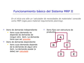 En el início era sólo un 'calculador de necesidades de materiales' conocido
como MRP (sigla para material requirements planning).
A
B C
D E
2x
Funcionamiento básico del Sistema MRP II
 Itens de demanda independiente
 itens cuya demanda no
depende da demanda de
ningun otro item. La demanda
tiene que ser prevista
 Itens de demanda dependiente
 itens cuya demanda depende
de la demanda de algun otro
item. La demanda puede (e
debe) ser calculada
 Itens fijos con estructura de
productos
 