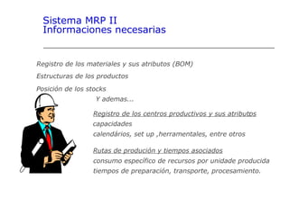 Registro de los materiales y sus atributos (BOM)
Estructuras de los productos
Posición de los stocks
Y ademas...
Registro de los centros productivos y sus atributos:
capacidades
calendários, set up ,herramentales, entre otros
Rutas de produción y tiempos asociados
consumo específico de recursos por unidade producida
tiempos de preparación, transporte, procesamiento.
Sistema MRP II
Informaciones necesarias
 