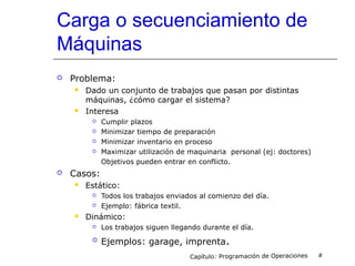 Carga o secuenciamiento de
Máquinas
 Problema:
 Dado un conjunto de trabajos que pasan por distintas
máquinas, ¿cómo cargar el sistema?
 Interesa
 Cumplir plazos
 Minimizar tiempo de preparación
 Minimizar inventario en proceso
 Maximizar utilización de maquinaria personal (ej: doctores)
Objetivos pueden entrar en conflicto.
 Casos:
 Estático:
 Todos los trabajos enviados al comienzo del día.
 Ejemplo: fábrica textil.
 Dinámico:
 Los trabajos siguen llegando durante el día.
 Ejemplos: garage, imprenta.
Capítulo: Programación de Operaciones #
 
