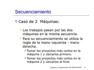 Secuenciamiento
 Caso de 2 Máquinas:
 Los trabajos pasan por las dos
máquinas en la misma secuencia.
 Para su secuenciamiento se utiliza la
regla de la mano izquierda - mano
derecha.
 Tomar los proyectos más cortos en la
máquina 1 y ubicarlos primero.
 Tomar los proyectos más cortos en la
máquina 2 y ubicarlos al final.
Capítulo: Programación de Operaciones #
 