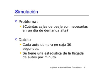 Simulación
 Problema:
 ¿Cuántas cajas de peaje son necesarias
en un día de demanda alta?
 Datos:
 Cada auto demora en caja 30
segundos.
 Se tiene una estadística de la llegada
de autos por minuto.
Capítulo: Programación de Operaciones #
 